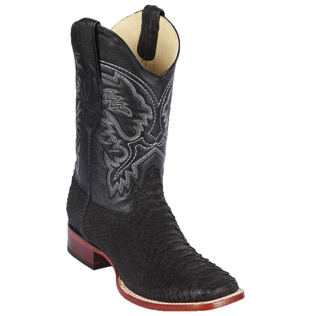 Western Genuine Python Skin Rodeo Wide Square Toe Boots Nobuck Black Color- Los Altos Boots - Side View