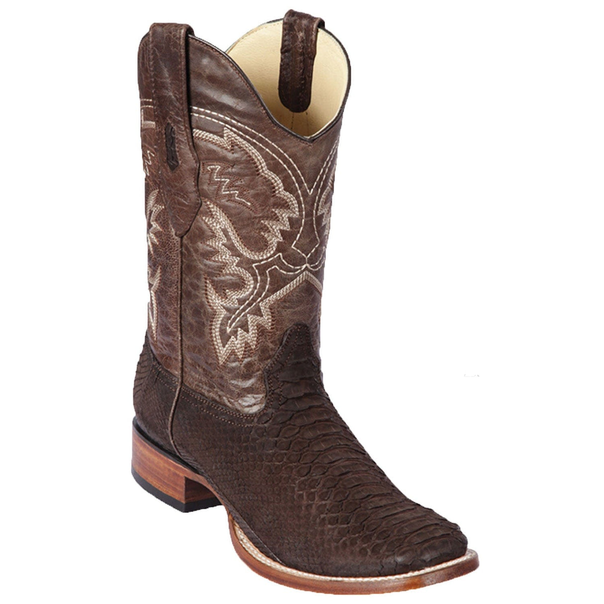 Western Genuine Python Skin Rodeo Wide Square Toe Boots Nobuck Brown Color- Los Altos Boots - Side View