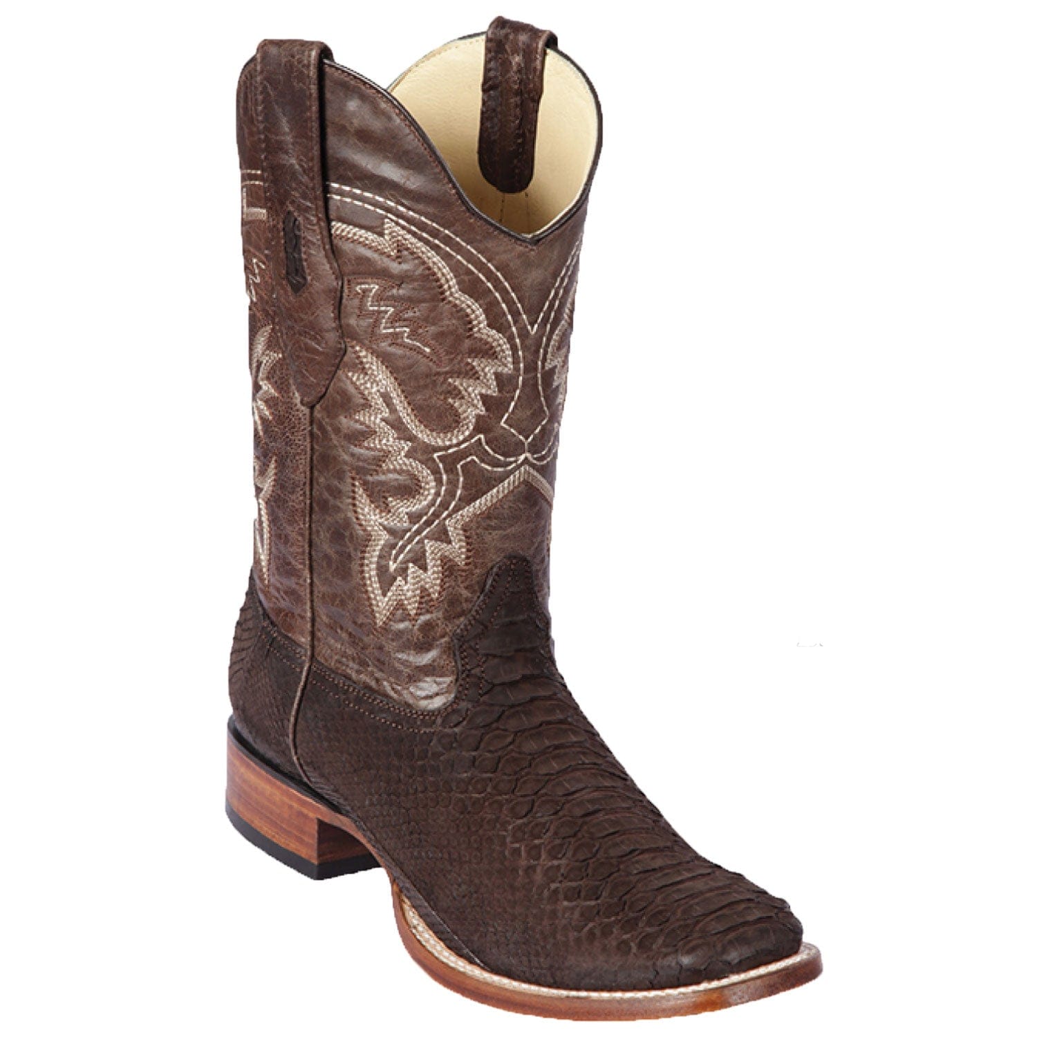 Western Genuine Python Skin Rodeo Wide Square Toe Boots Nobuck Brown Color- Los Altos Boots - Side View