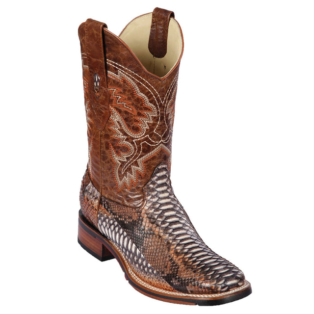 Western Genuine Python Skin Rodeo Wide Square Toe Boots Rustic Cognac Color - Los Altos Boots - Side View