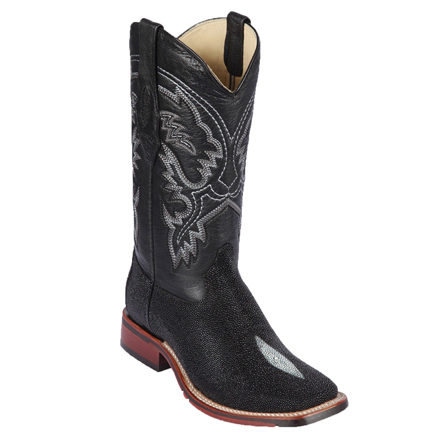 Western Genuine Stingray Skin Rodeo Wide Square Toe Boots Black Color - Los Altos Boots - Side View
