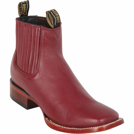 Western Genuine Deer Leather Wide Square Toe Ankle Boots Burgundy Color - Los Altos Boots - Side View 