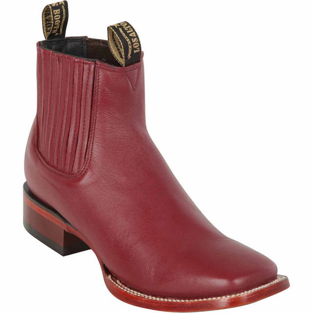 Western Genuine Deer Leather Wide Square Toe Ankle Boots Burgundy Color - Los Altos Boots - Side View 