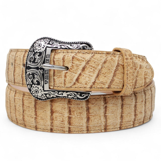 Tanner Mark Boots Belts Cinturon de Piel Genuina con Estampado de Caiman Panza Hebilla Metálica Texas Arena