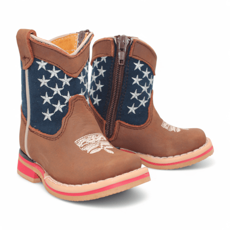 Hooch Boots Boots Brown / 2 Kid's American Flag Genuine Leather Square Toe Boots - Brown