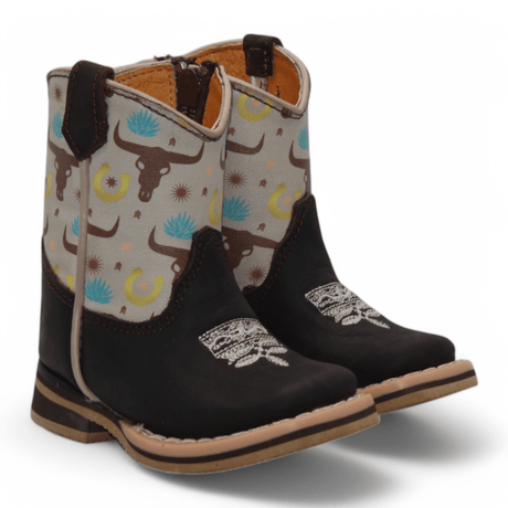 Hooch Boots Boots Chocolate / 2 Kid's Genuine Leather Square Toe Cowboy Boots - Chocolate