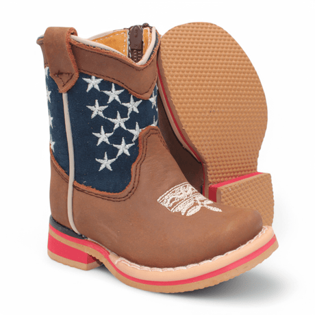 Hooch Boots Boots Kid's American Flag Genuine Leather Square Toe Boots - Brown