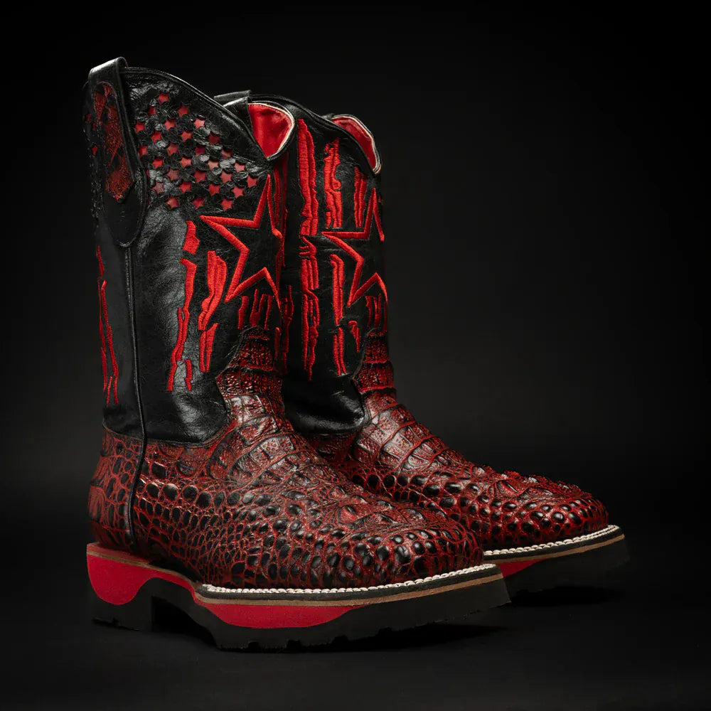 King Welt Boots Men's Thin Blue Line 11' Caiman Tribute Work Boots Red Color - King Welt