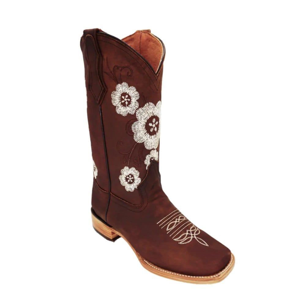 La Carreta Boots Botas de Cuero Crazy para Dama Color Caoba con Flores Blancas LC-704