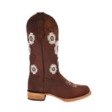 La Carreta Boots Botas de Cuero Crazy para Dama Color Caoba con Flores Blancas LC-704