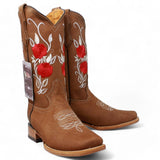 La Carreta Boots Botas de Gamuza para Dama Color Camel con Rosas Rojas