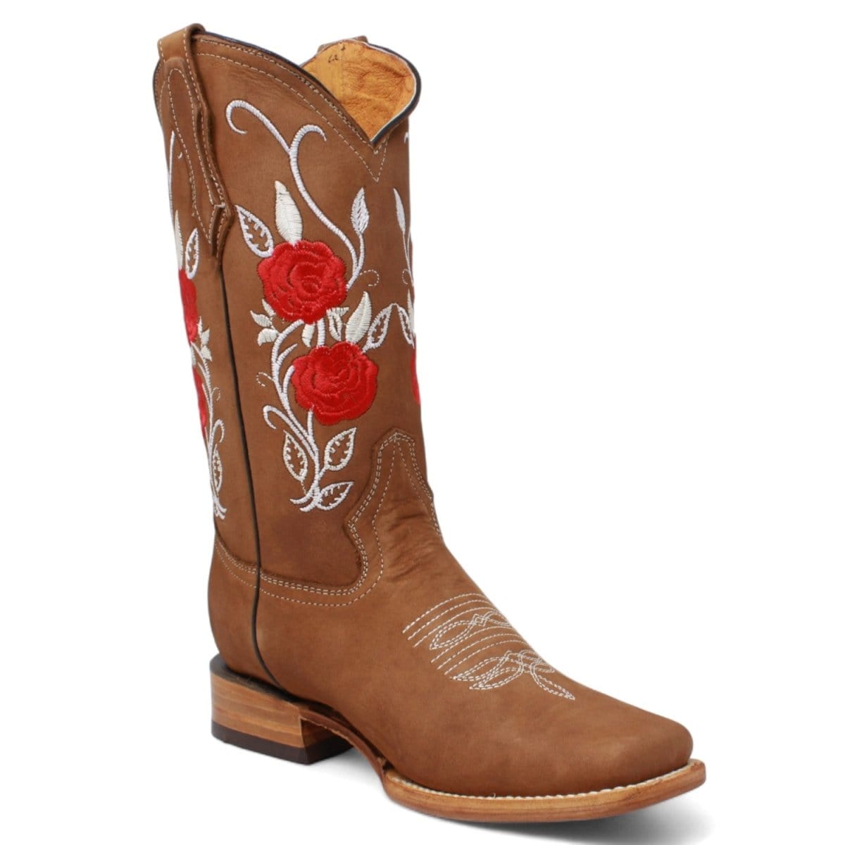 La Carreta Boots Botas de Gamuza para Dama Color Camel con Rosas Rojas