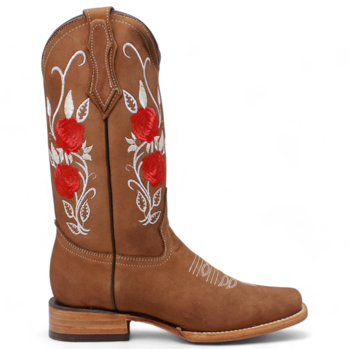 La Carreta Boots Botas de Gamuza para Dama Color Camel con Rosas Rojas