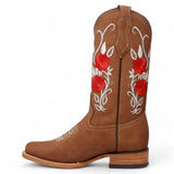 La Carreta Boots Botas de Gamuza para Dama Color Camel con Rosas Rojas