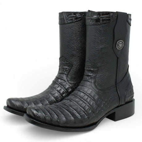 La Carreta Boots Men's Caiman Belly Print Leather Dubai Toe Boots Black Color - La Carreta