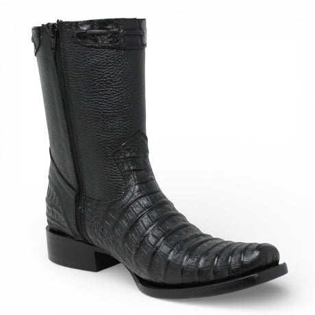La Carreta Boots Men's Caiman Belly Print Leather Dubai Toe Boots Black Color - La Carreta