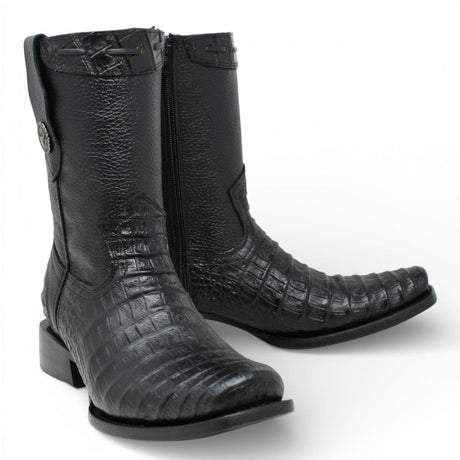 La Carreta Boots Men's Caiman Belly Print Leather Dubai Toe Boots Black Color - La Carreta