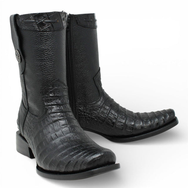 La Carreta Boots Men's Caiman Belly Print Leather Dubai Toe Boots Black Color - La Carreta