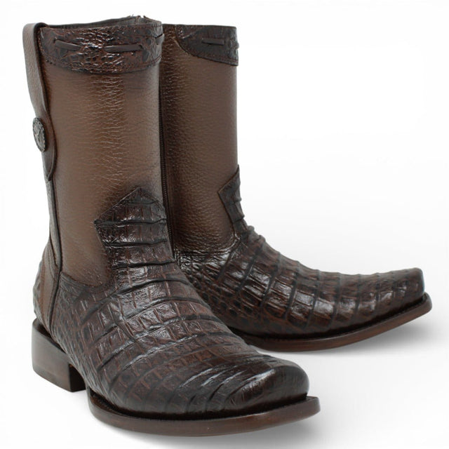 La Carreta Boots Men's Caiman Belly Print Leather Dubai Toe Boots Brown Color - La Carreta