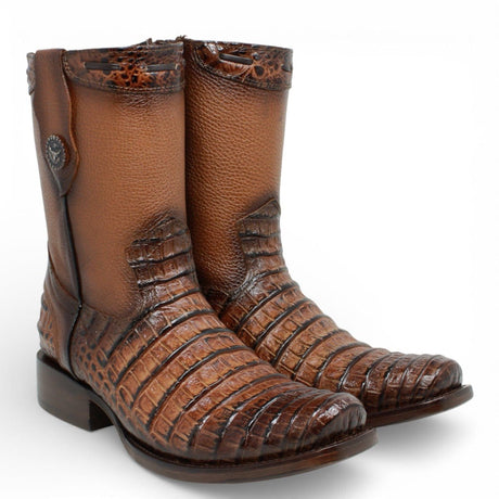La Carreta Boots Men's Caiman Belly Print Leather Dubai Toe Boots Honey Color - La Carreta