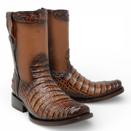 La Carreta Boots Men's Caiman Belly Print Leather Dubai Toe Boots Honey Color - La Carreta