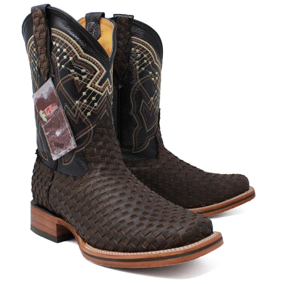 La Carreta Boots Men's Petatillo Woven Leather Square Toe Boots - Brown