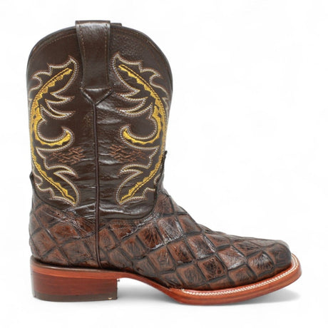 La Carreta Boots Men's Print Pirarucu Fish Square Toe Boots Brown Color - La Carreta