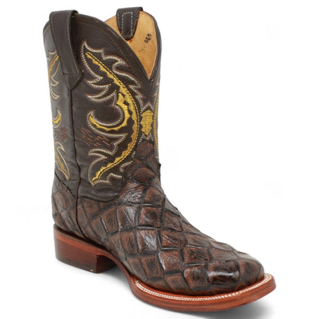 La Carreta Boots Men's Print Pirarucu Fish Square Toe Boots Brown Color - La Carreta