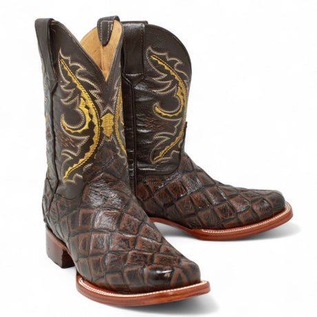 La Carreta Boots Men's Print Pirarucu Fish Square Toe Boots Brown Color - La Carreta