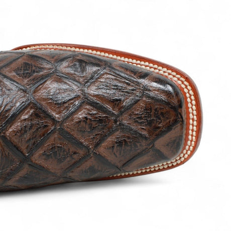 La Carreta Boots Men's Print Pirarucu Fish Square Toe Boots Brown Color - La Carreta