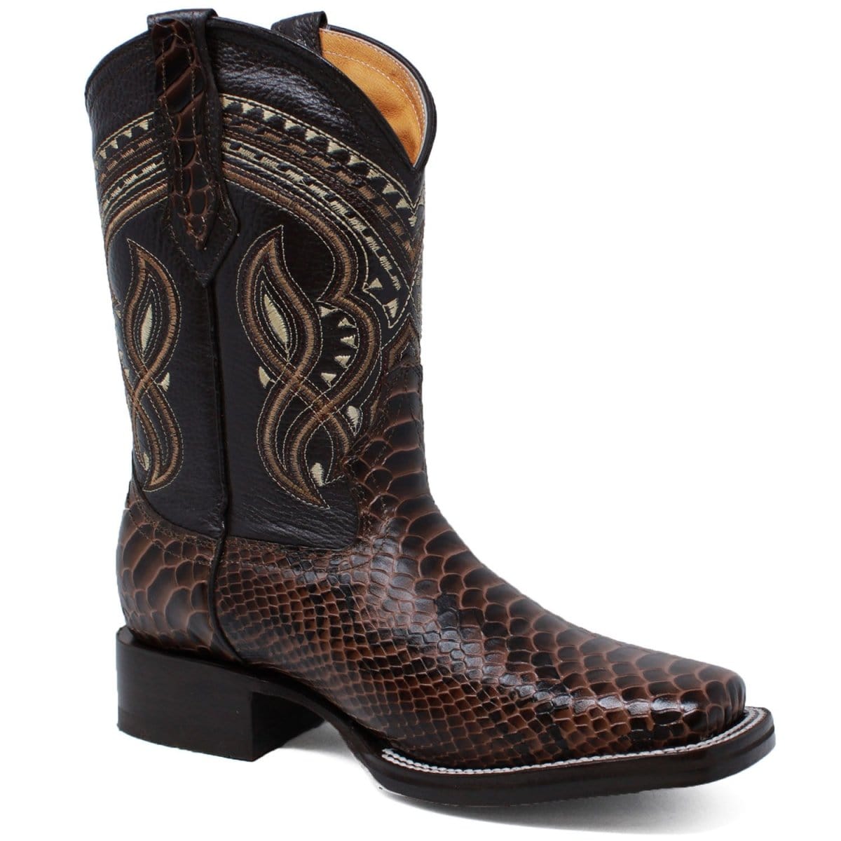 La Carreta Boots Men's Python Print Leather Square Toe Boots - Brown