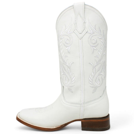 Women´s Genuine Leather Wide Square Toe Boots With embroidered Design - White Color - La Carreta left side view