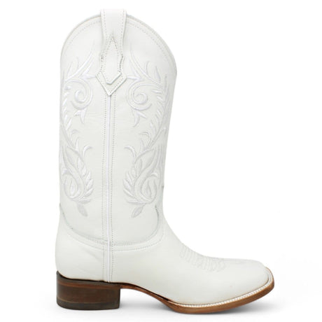 Women´s Genuine Leather Wide Square Toe Boots With embroidered Design - White Color - La Carreta right side view