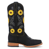 Women´s Genuine Leather Rodeo Wide Square Toe With embroidered SunFlowers - Black Color - La Carreta right side view