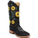 Women´s Genuine Leather Rodeo Wide Square Toe With embroidered SunFlowers - Black Color - La Carreta side view
