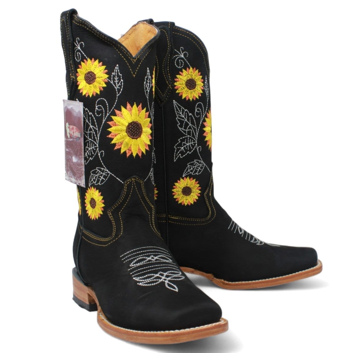 Women´s Genuine Leather Rodeo Wide Square Toe With embroidered SunFlowers - Black Color - La Carreta pair view