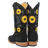 Women´s Genuine Leather Rodeo Wide Square Toe With embroidered SunFlowers - Black Color - La Carreta back view