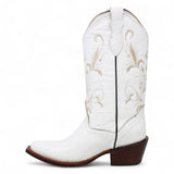 Women´s Genuine Leather J Toe Boots With embroidered Design - White Color - La Carreta left side view