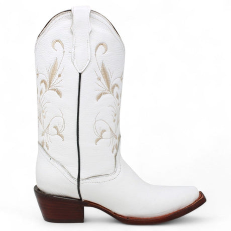 Women´s Genuine Leather J Toe Boots With embroidered Design - White Color - La Carreta right side view