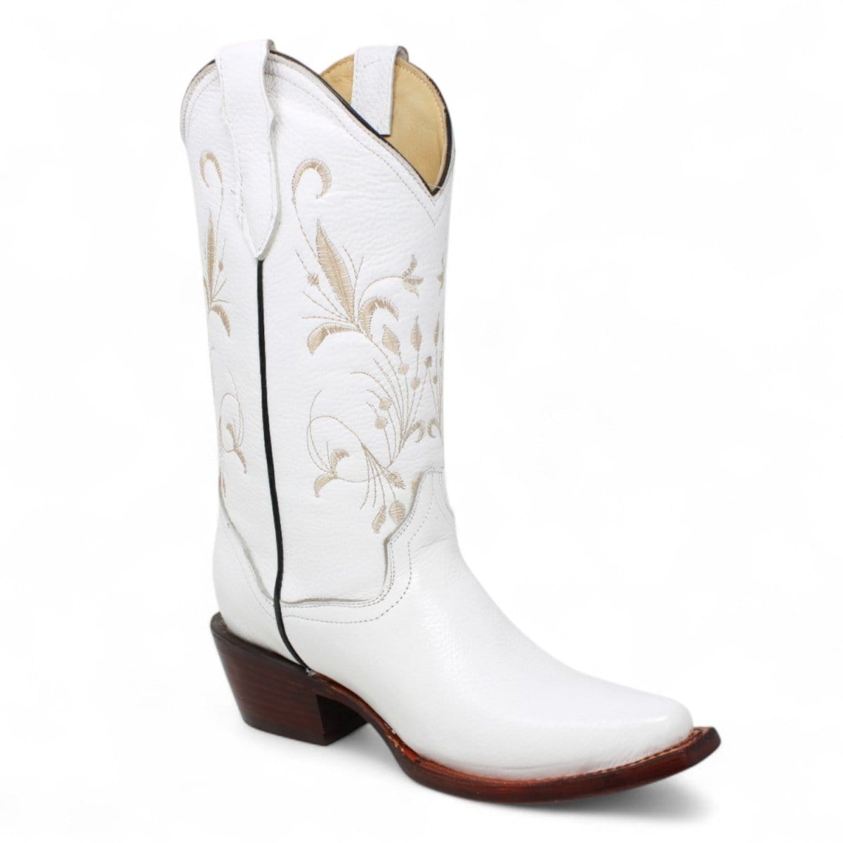 Women´s Genuine Leather J Toe Boots With embroidered Design - White Color - La Carreta side view