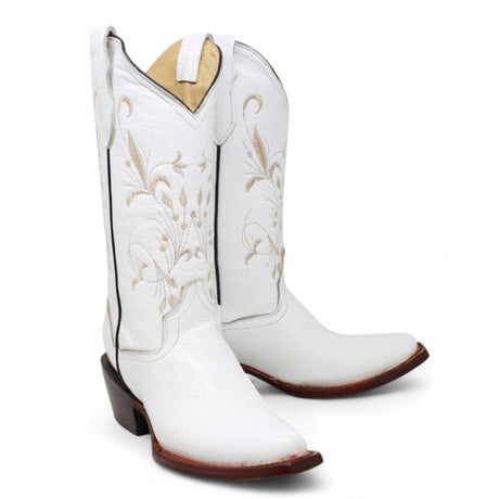 Women´s Genuine Leather J Toe Boots With embroidered Design - White Color - La Carreta pair view