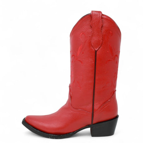 Women´s Genuine Leather J Toe Boots With embroidered Design - Red Color - La Carreta left side view