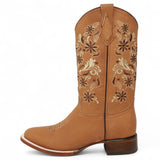 Women´s Genuine Crazy Leather Rodeo Toe With embroidered Flowers - Golden Tan Color - La Carreta left side