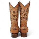 Women´s Genuine Crazy Leather Rodeo Toe With embroidered Flowers - Golden Tan Color - La Carreta back
