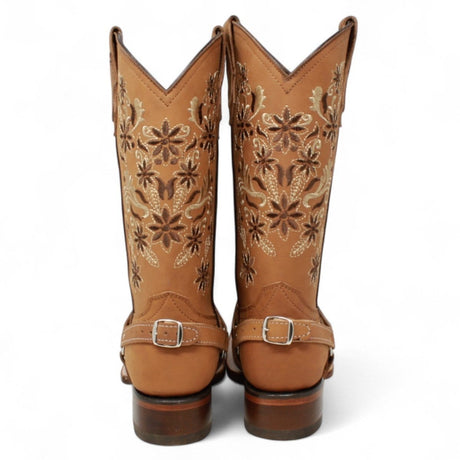 Women´s Genuine Crazy Leather Rodeo Toe With embroidered Flowers - Golden Tan Color - La Carreta back