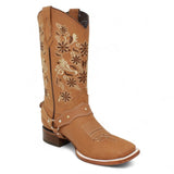 Women´s Genuine Crazy Leather Rodeo Toe With embroidered Flowers - Golden Tan Color - La Carreta side