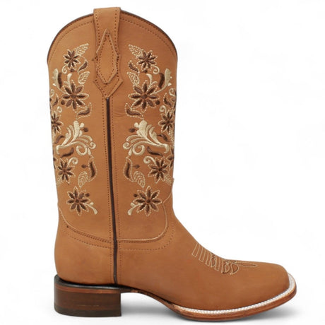Women´s Genuine Crazy Leather Rodeo Toe With embroidered Flowers - Golden Tan Color - La Carreta right side