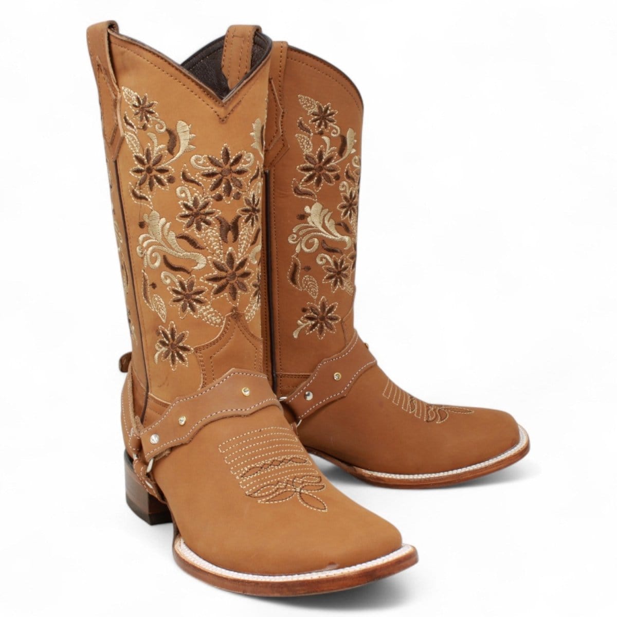 Women´s Genuine Crazy Leather Rodeo Toe With embroidered Flowers - Golden Tan Color - La Carreta pair view