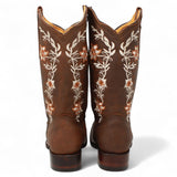 Women´s Genuine Crazy Leather Rodeo Toe With embroidered Flowers - Brown Color - La Carreta back