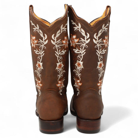 Women´s Genuine Crazy Leather Rodeo Toe With embroidered Flowers - Brown Color - La Carreta back